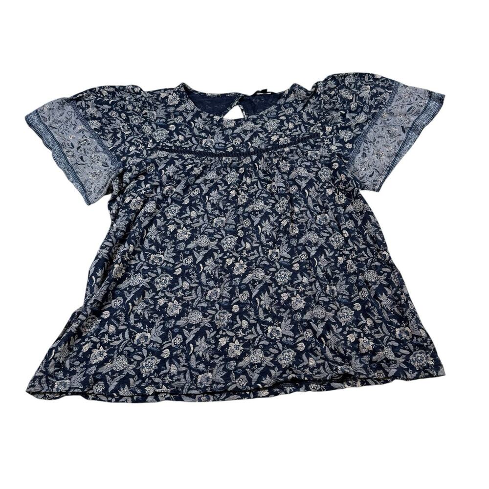 Lucky Brand Floral Boho Blouse Women’s Large Blue Short Sleeve Peasant Top
